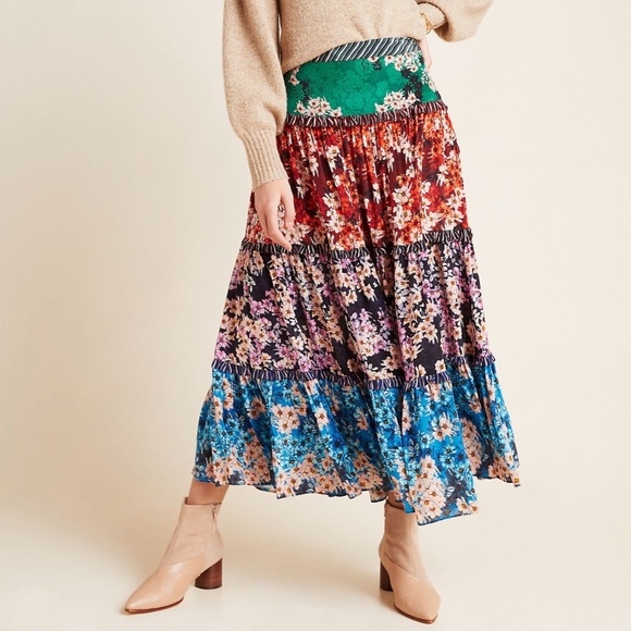 ⭐️ Anarosa Rainbow Ruffle Floral Tiered Hipster Hippie Artsy Chic Hip Maxi Skirt - Picture 1 of 4